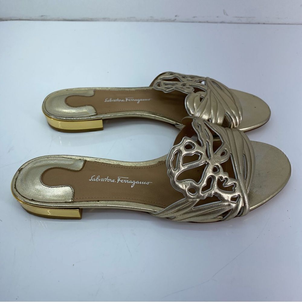 Salvatore Ferragamo Women’s Laser Cut Gold Slippers size 5
